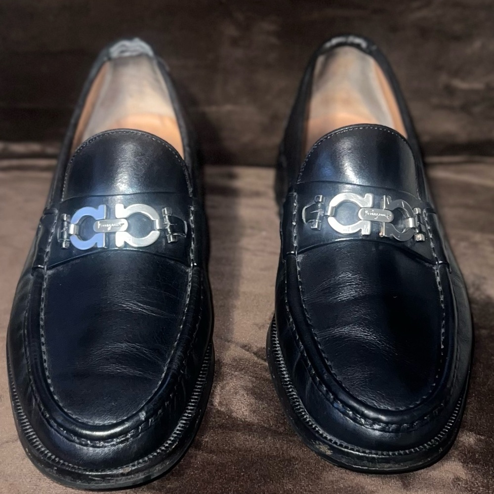 Salvatore Ferragamo Black Leather Slip-On Loafers